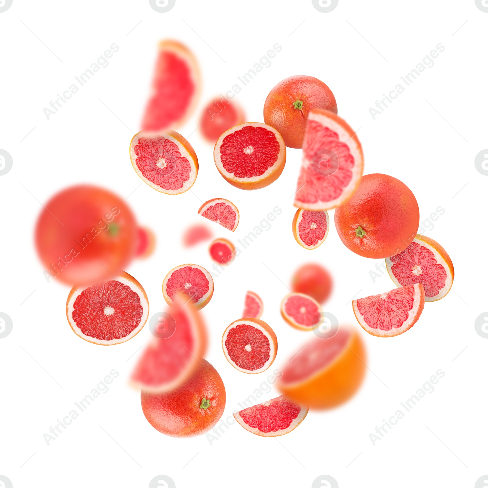 Image of Fresh grapefruits swirling in air against white background