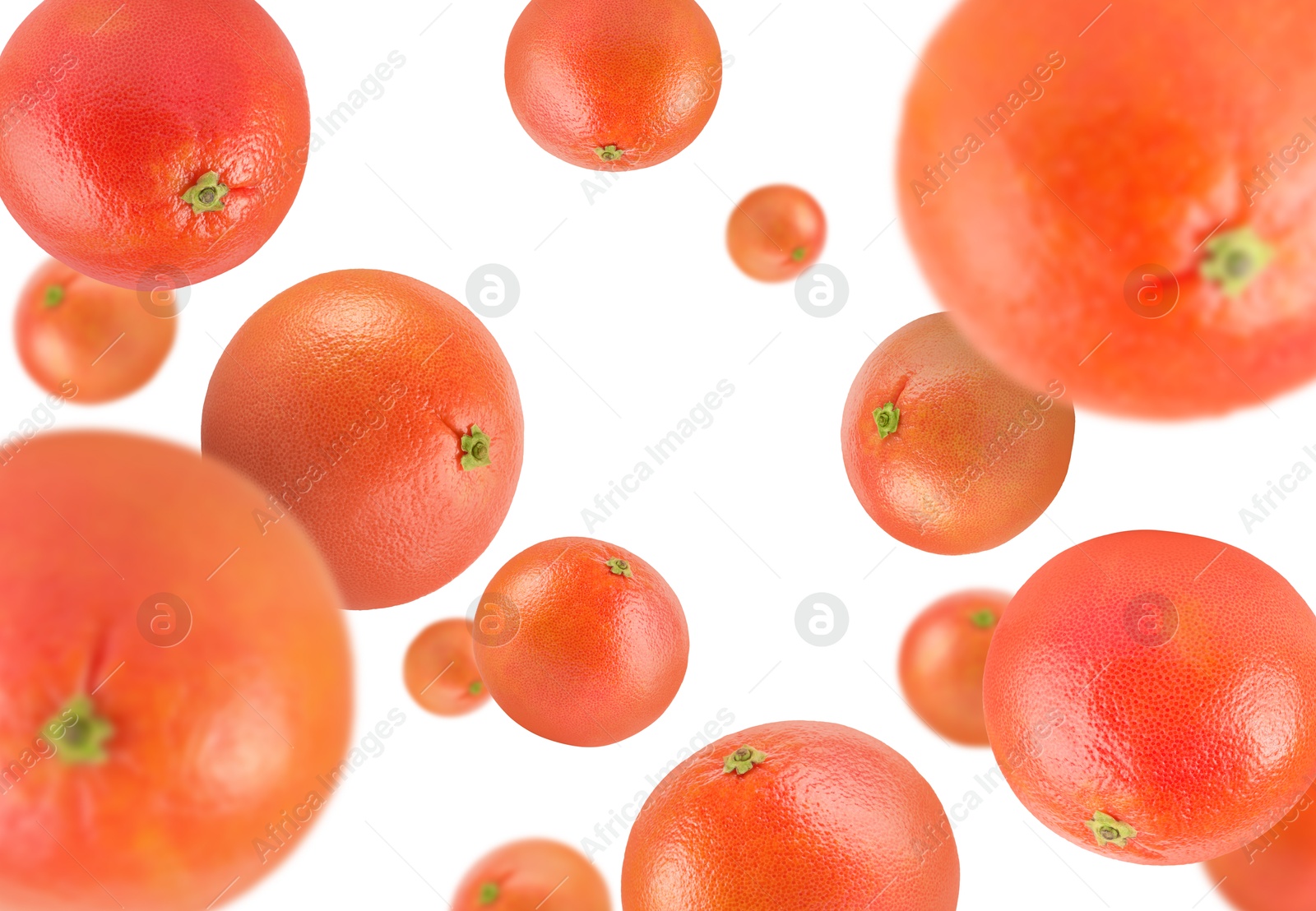 Image of Fresh grapefruits swirling in air against white background
