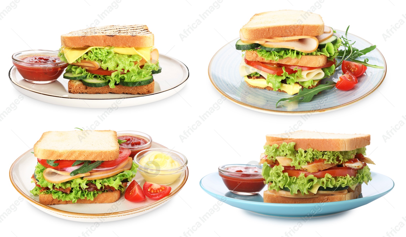Many tasty sandwiches isolated on white, set Image of Many tasty sandwiches isolated on white, set