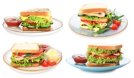 Image of Many tasty sandwiches isolated on white, set