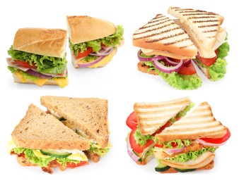 Image of Many tasty sandwiches isolated on white, set
