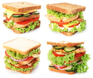 Image of Many tasty sandwiches isolated on white, set