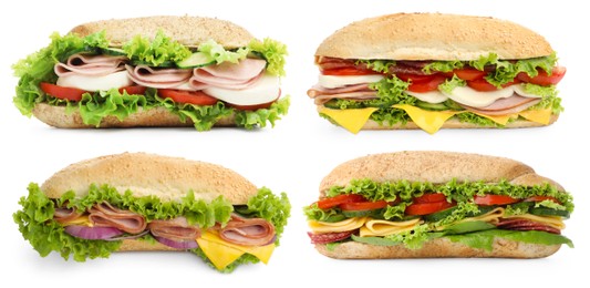 Image of Many tasty sandwiches isolated on white, set