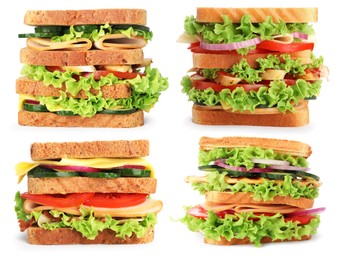 Image of Many tasty sandwiches isolated on white, set