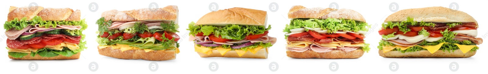 Many tasty sandwiches isolated on white, set Image of Many tasty sandwiches isolated on white, set