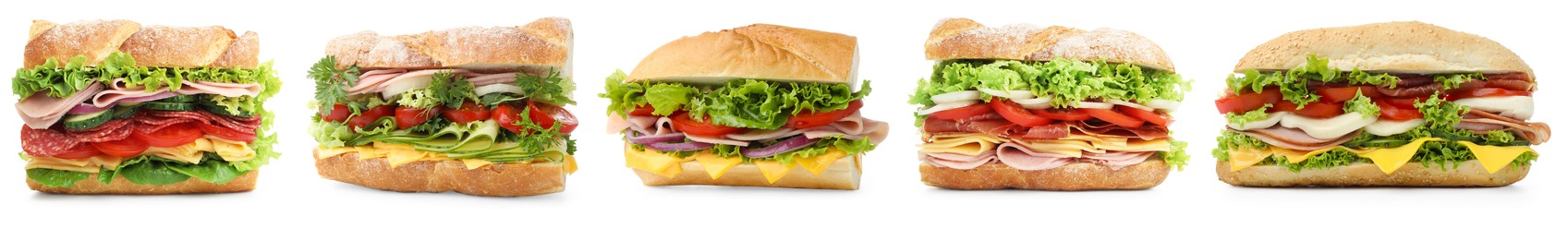 Image of Many tasty sandwiches isolated on white, set