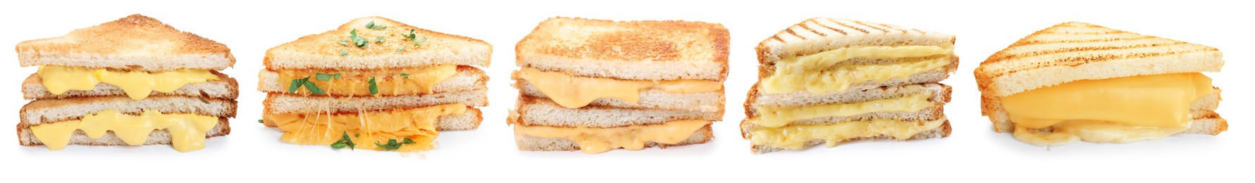 Image of Tasty sandwiches with cheese isolated on white, set