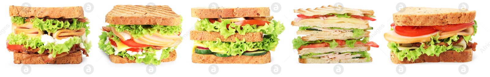 Many tasty sandwiches isolated on white, set Image of Many tasty sandwiches isolated on white, set