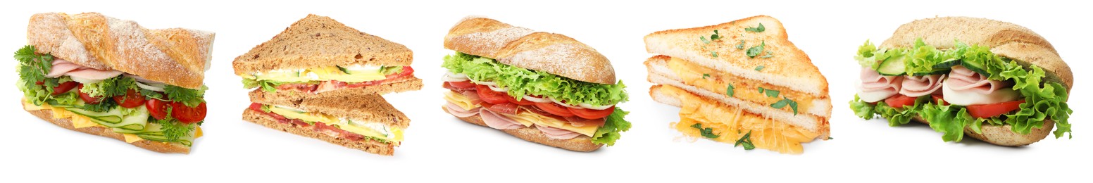 Image of Many tasty sandwiches isolated on white, set