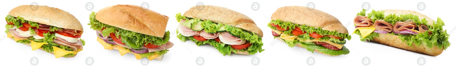 Many tasty sandwiches isolated on white, set Image of Many tasty sandwiches isolated on white, set