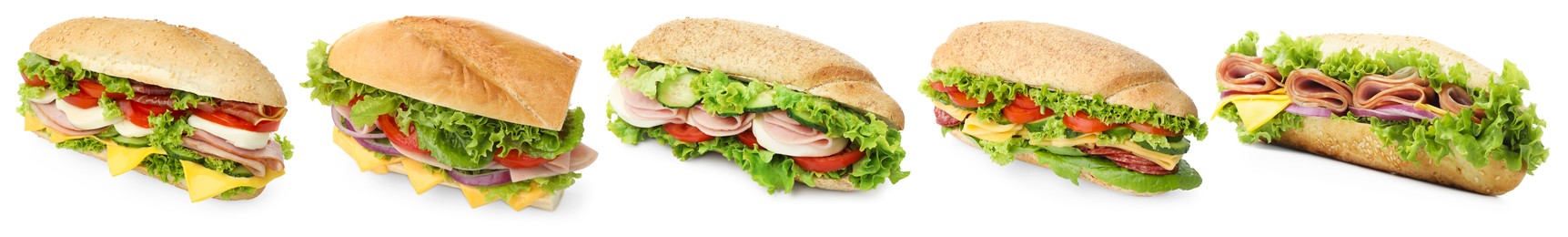 Image of Many tasty sandwiches isolated on white, set