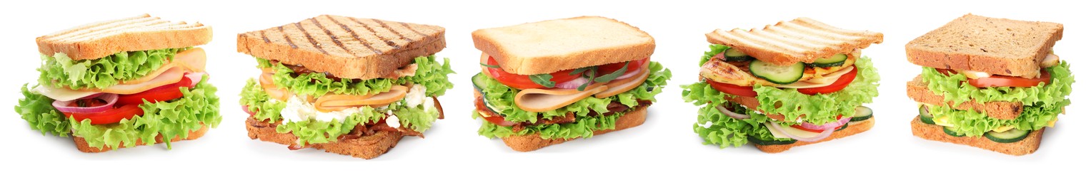 Image of Many tasty sandwiches isolated on white, set