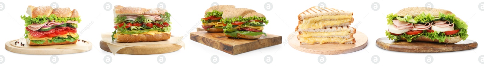 Many tasty sandwiches isolated on white, set Image of Many tasty sandwiches isolated on white, set
