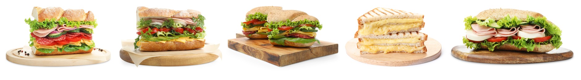 Image of Many tasty sandwiches isolated on white, set