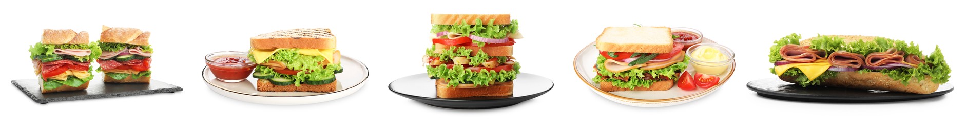 Image of Many tasty sandwiches isolated on white, set