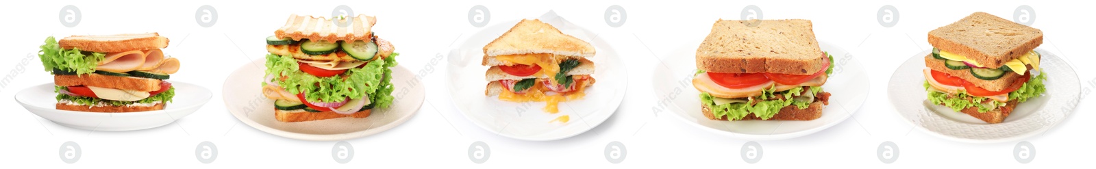 Image of Many tasty sandwiches isolated on white, set