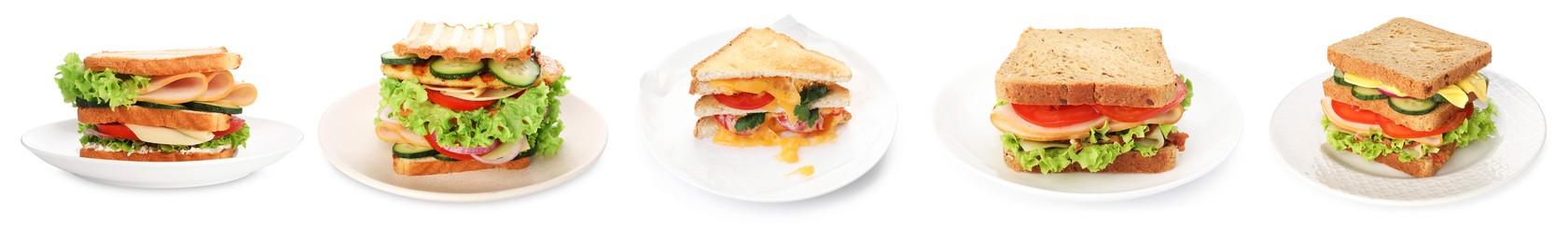Image of Many tasty sandwiches isolated on white, set