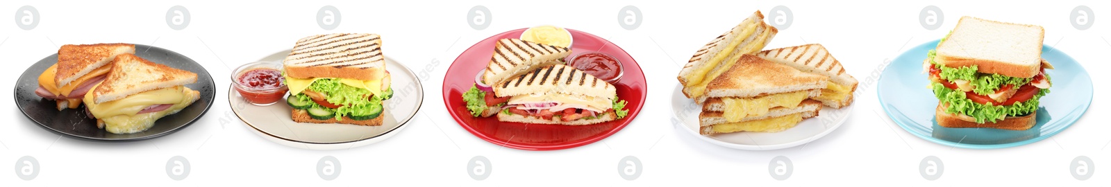 Many tasty sandwiches isolated on white, set Image of Many tasty sandwiches isolated on white, set