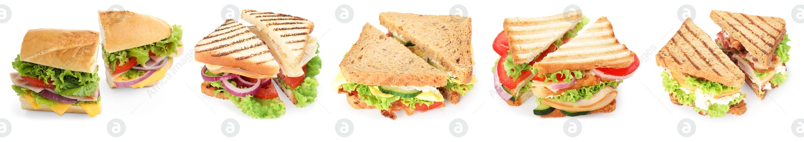Many tasty sandwiches isolated on white, set Image of Many tasty sandwiches isolated on white, set