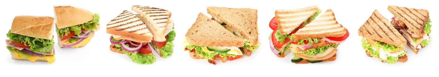Image of Many tasty sandwiches isolated on white, set