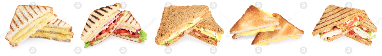 Many tasty sandwiches isolated on white, set Image of Many tasty sandwiches isolated on white, set