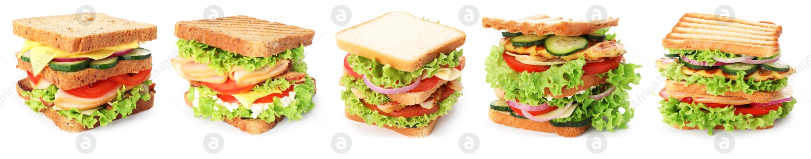 Image of Many tasty sandwiches isolated on white, set