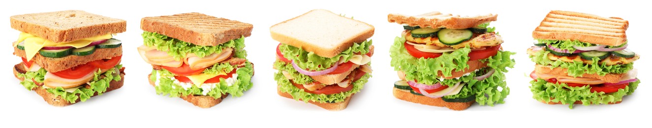 Image of Many tasty sandwiches isolated on white, set