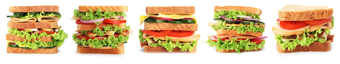 Image of Many tasty sandwiches isolated on white, set