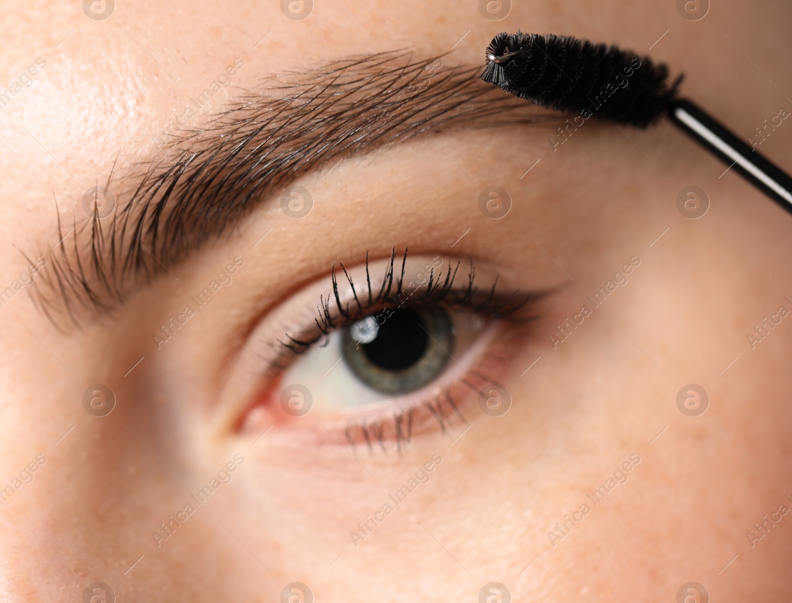 Photo of Young woman brushing her eyebrow with spoolie, closeup