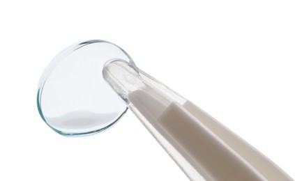 Photo of Tweezers with contact lens isolated on white
