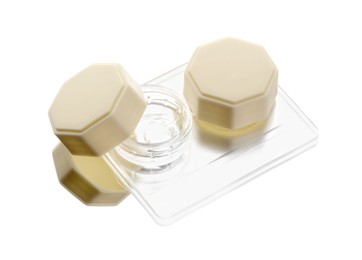 Photo of Case with contact lenses isolated on white