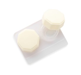 Photo of Case with contact lenses isolated on white, top view