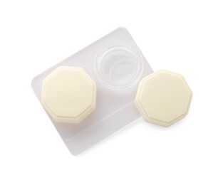 Photo of Case with contact lenses isolated on white, top view