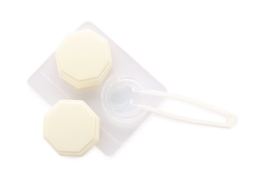 Photo of Case with contact lenses and tweezers isolated on white, top view