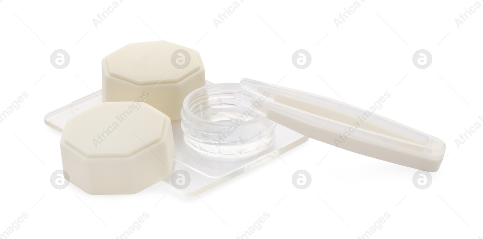 Case with contact lenses and tweezers isolated on white Photo of Case with contact lenses and tweezers isolated on white