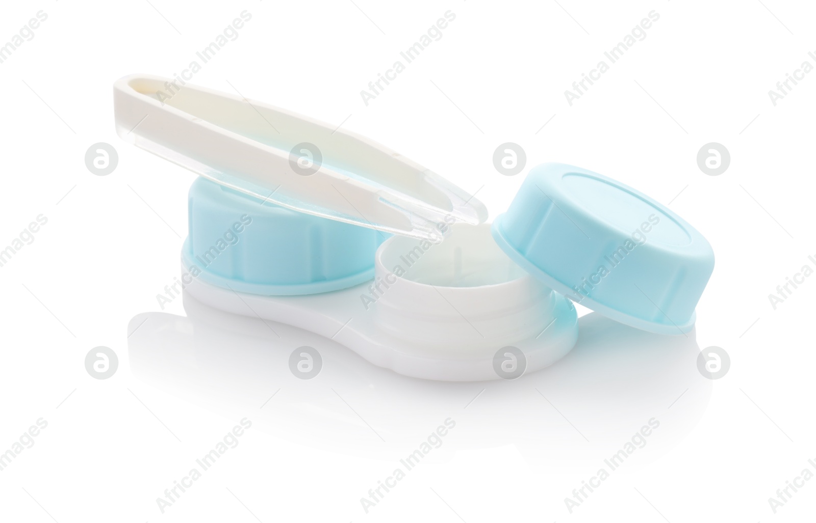 Case with contact lenses and tweezers isolated on white Photo of Case with contact lenses and tweezers isolated on white