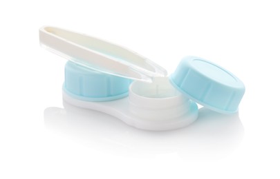 Photo of Case with contact lenses and tweezers isolated on white