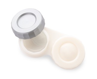 Photo of Case with contact lenses isolated on white, top view