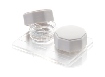 Photo of Case with contact lenses isolated on white