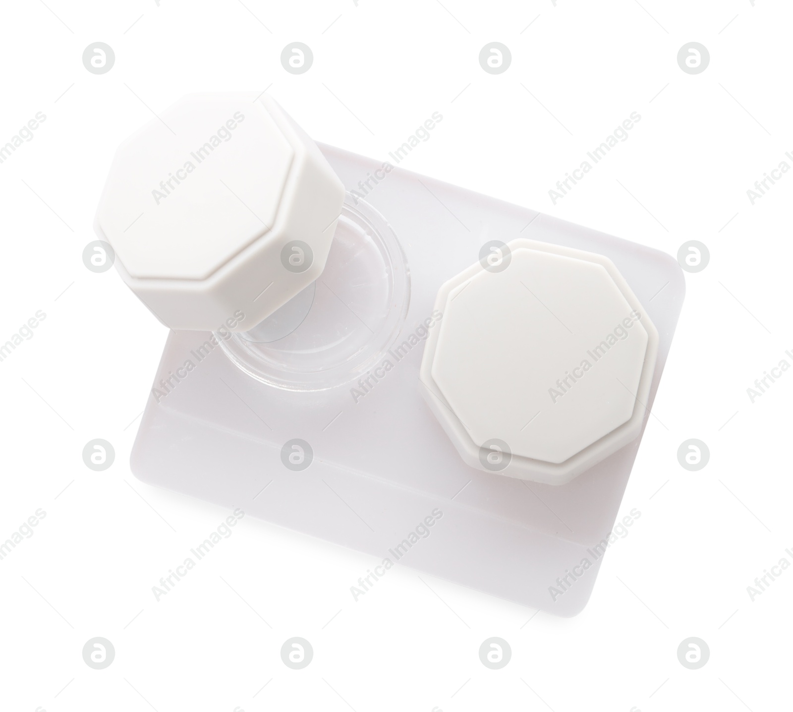 Case with contact lenses isolated on white, top view Photo of Case with contact lenses isolated on white, top view