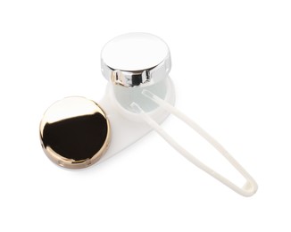 Photo of Case with contact lenses and tweezers isolated on white, above view