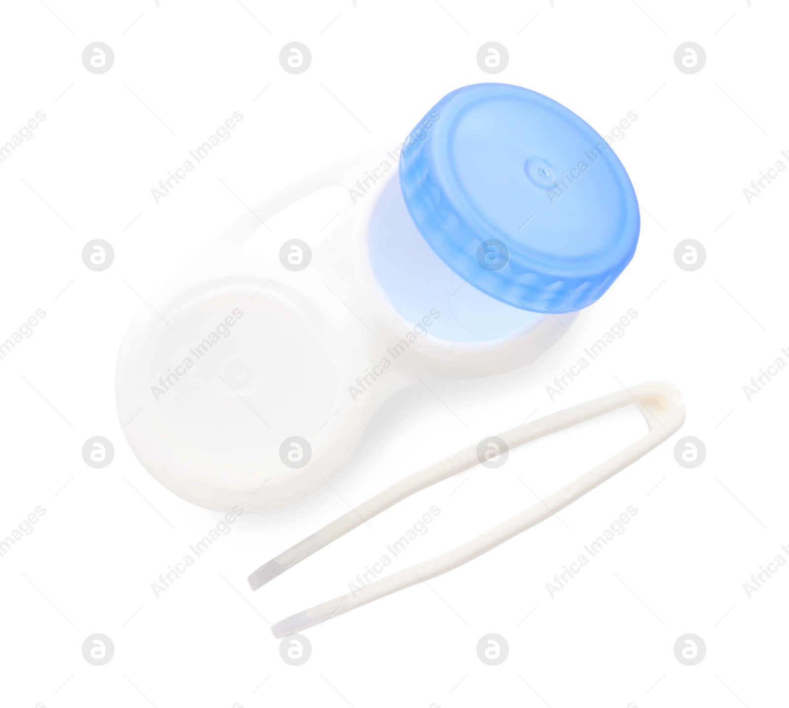 Case with contact lenses and tweezers isolated on white, top view Photo of Case with contact lenses and tweezers isolated on white, top view