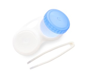 Photo of Case with contact lenses and tweezers isolated on white, top view