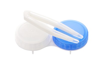Photo of Case with contact lenses and tweezers isolated on white