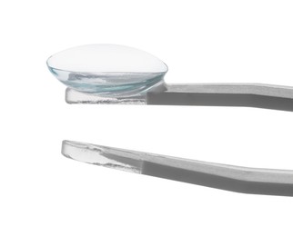Photo of Tweezers with contact lens isolated on white