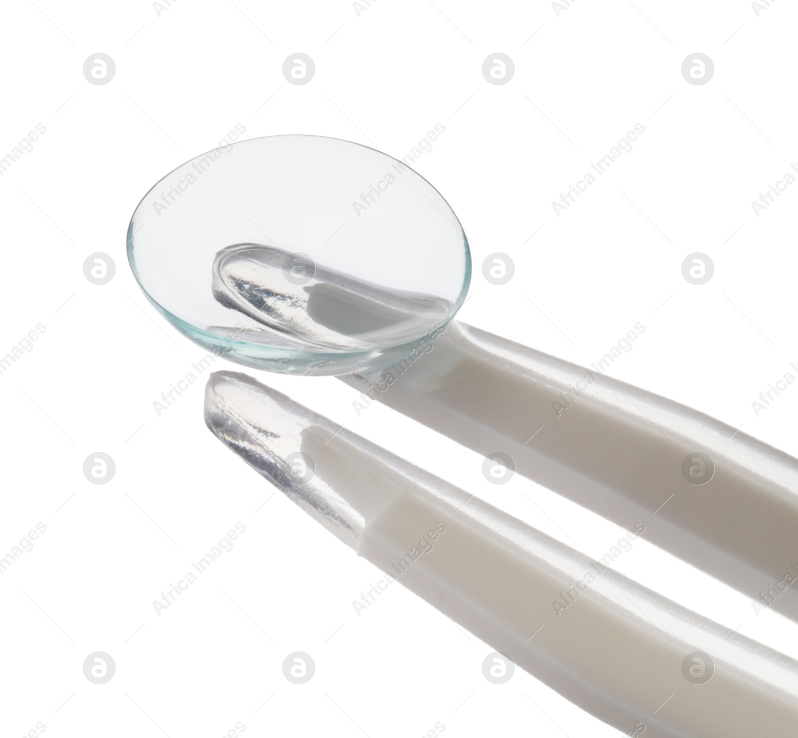 Tweezers with contact lens isolated on white Photo of Tweezers with contact lens isolated on white