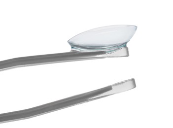 Photo of Tweezers with contact lens isolated on white