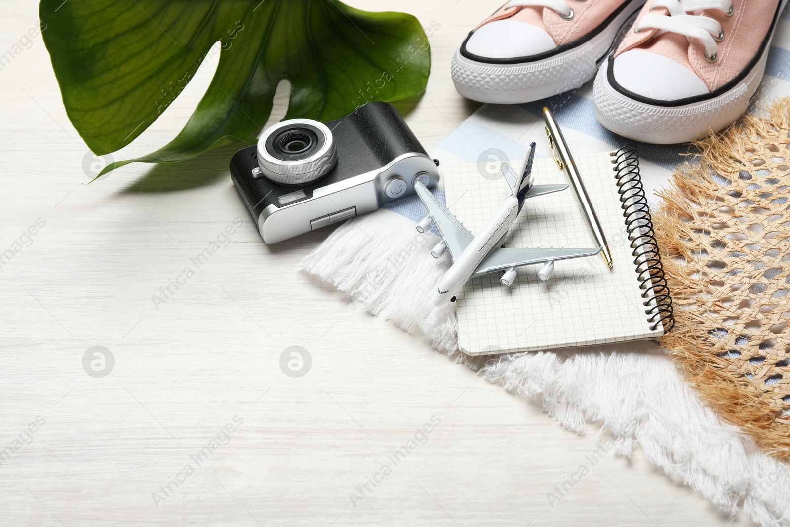 Photo of Time for summer vacation. Toy plane, stationery, shoes, camera, green leaf and beach accessories on light wooden table, closeup. Space for text