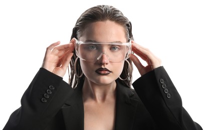 Photo of Beautiful young woman with black lip liner wearing glasses on white background