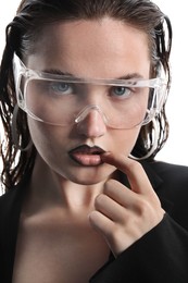 Photo of Beautiful young woman with black lip liner wearing glasses on white background, closeup